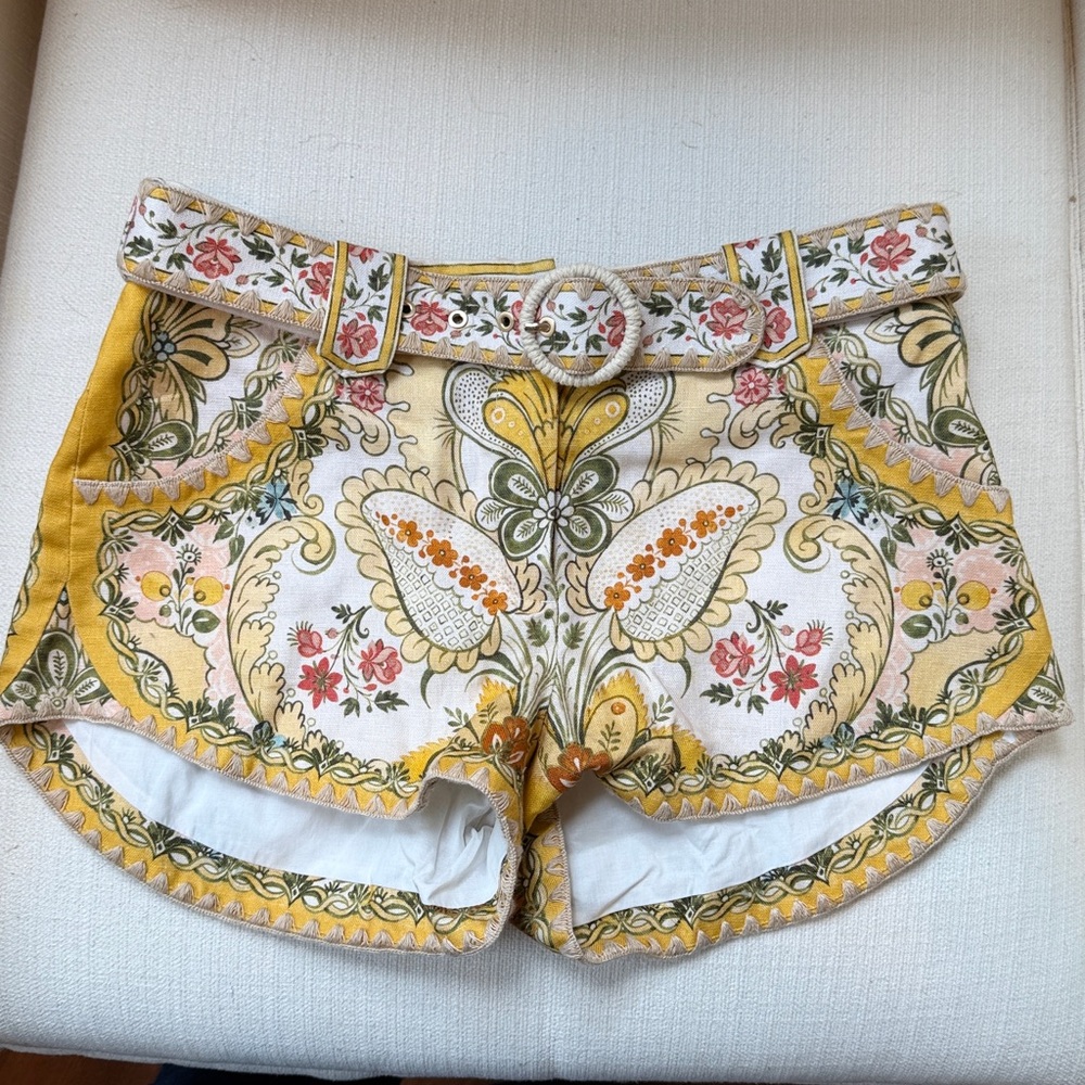 Zimmermann Yellow and Cream Floral Linen Shorts